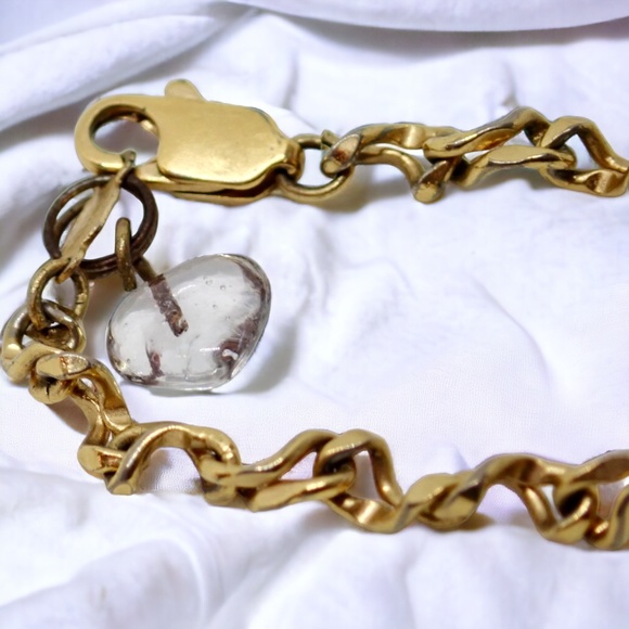 24K GFL Chain Link Bracelet Dainty Vintage Links with Glass Heart Charm 7" Long - Picture 4 of 16